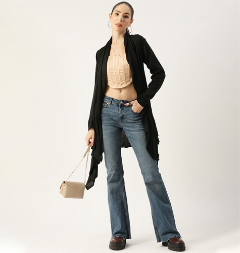 Women Black Self Design Longline Monochrome Shrug